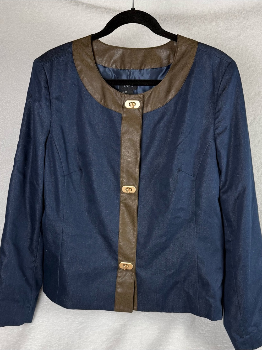 R.Q.T Navy Blazer / Jacket with Brown Leather like Trim Size 16